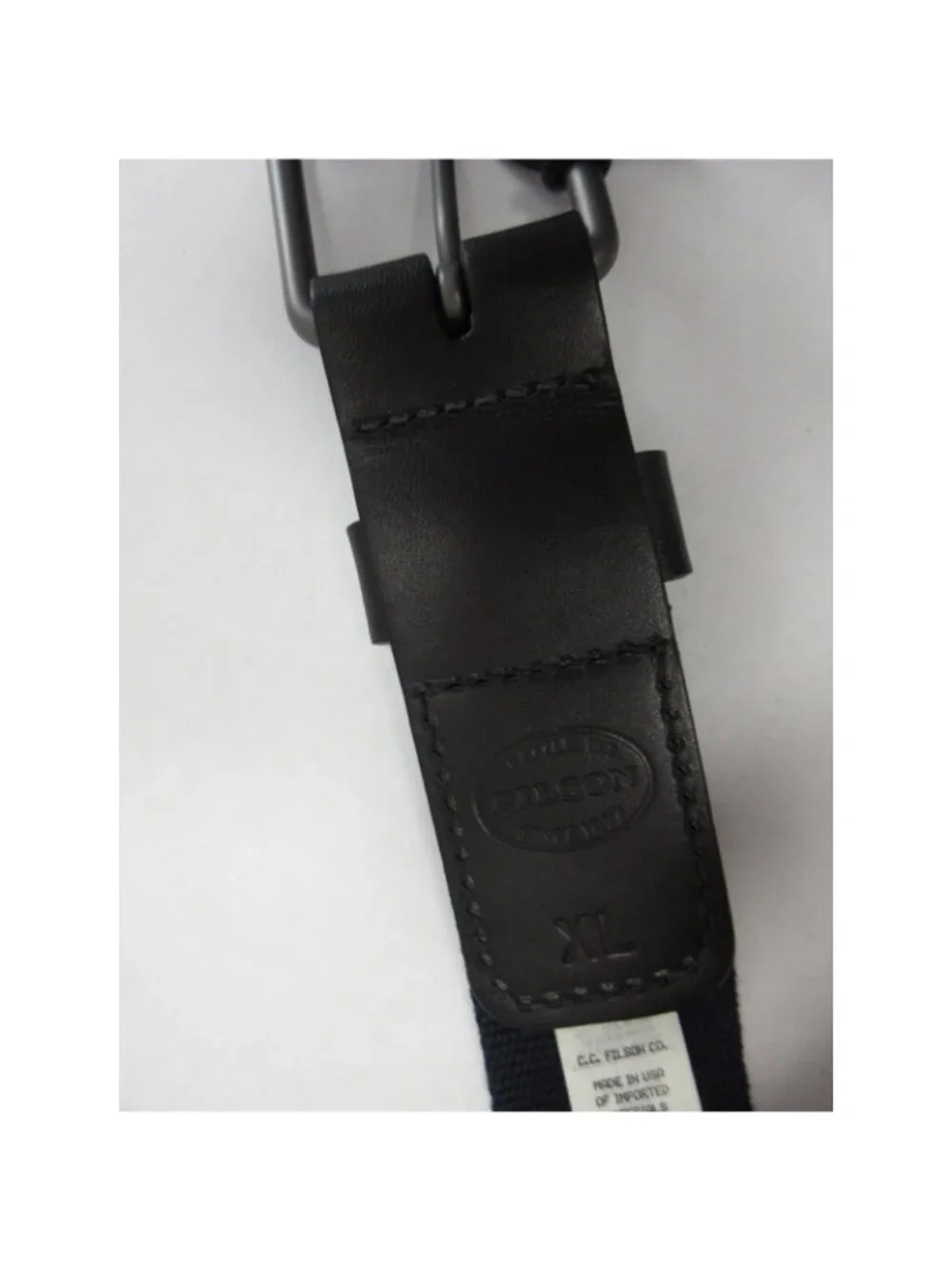 Filson Belt XL Navy Webbing Canvas Leather Trim Buckle Made in USA NEW